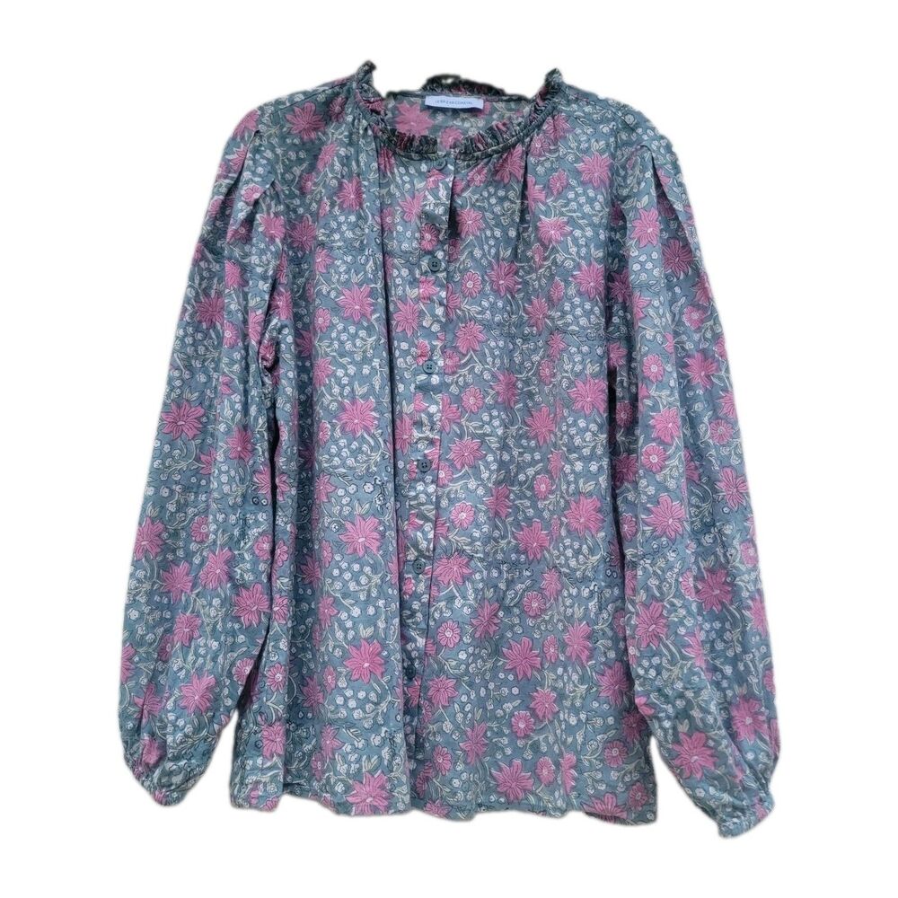 LE BAZAR COASTAL Delphine Floral Print Cotton Button up Shirt Sz L Prairie